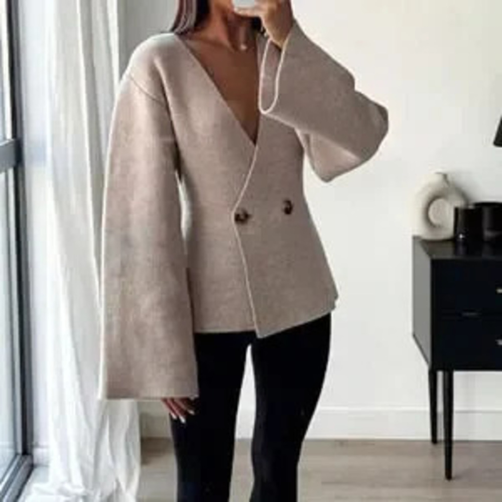 ZARA Apricot Casual Women's V-Neck Bell Sleeve Cardigan